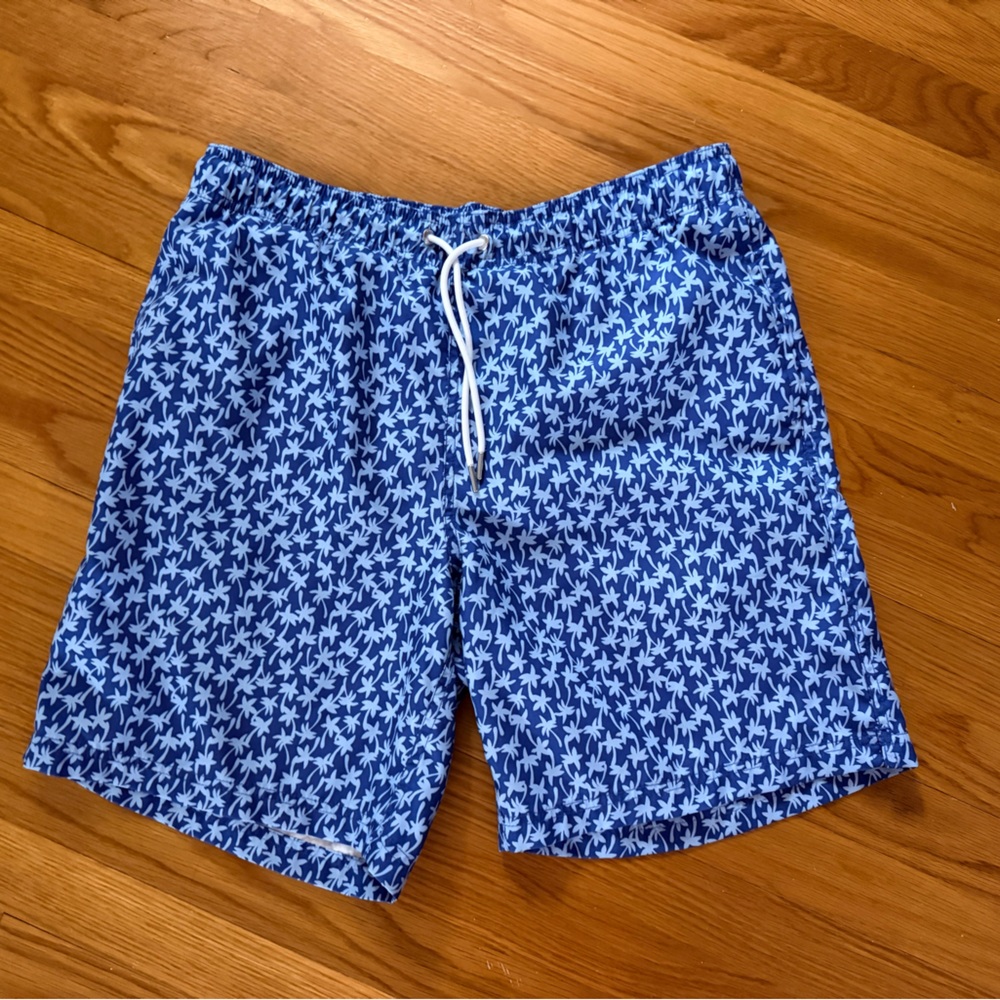 Lands' End Blue & Light Blue Palm-Print Swim Trunks